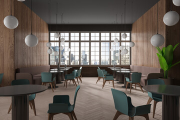 Gray and wooden cafe interior with round tables and sofas