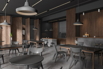 Modern cafe interior with seats and table in row, cooking space with bar island