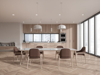 Modern design wooden kitchen interior with table and chairs, window with view and daylight. 3D rendering.