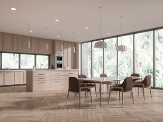 Modern design wooden kitchen interior with table and chairs, window with view and daylight. 3D rendering.