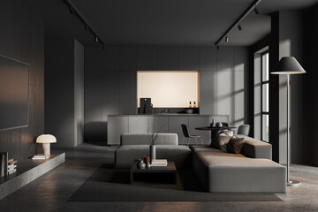 Grey studio flat interior with chill and eating area, panoramic window