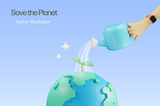 Hand showering water on small plant on world. Sustainable environment, save the planet and earth day concept. 3D Vector.