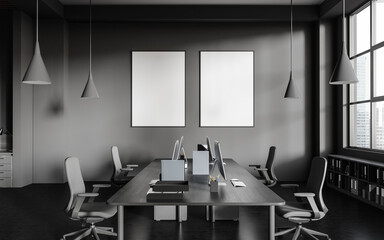 Coworking interior with pc computer, shelf and panoramic window. Mockup frames