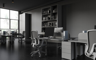 Grey work zone interior with pc computers and office desk with chairs and shelf