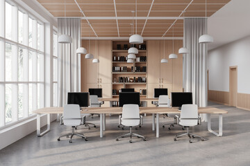 White and wooden open space office interior with curtains