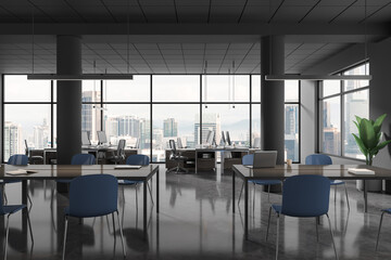 Panoramic gray open space coworking office interior