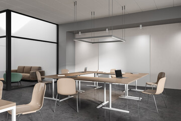 Stylish business interior with desk and chairs, coworking and relax place