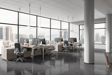 Panoramic white open space office corner with columns