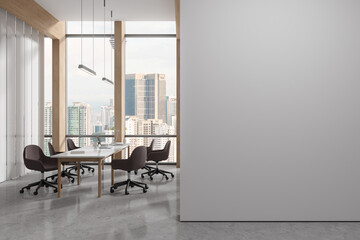 Modern workplace interior with chairs and desk near panoramic window. Mock up