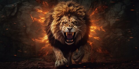 An angry lion with an open mouth. expression of anger. Portrait of a big male lion with open mouth on a dark background. Generative AI technology - obrazy, fototapety, plakaty