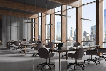 Gray and wooden coworking office corner