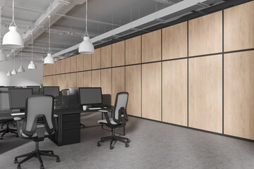 Fototapeta premium Stylish office room interior with work desk and armchairs in row, business loft