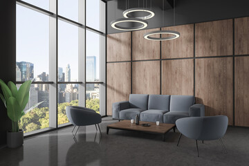Gray and wooden office waiting room with sofa and armchairs