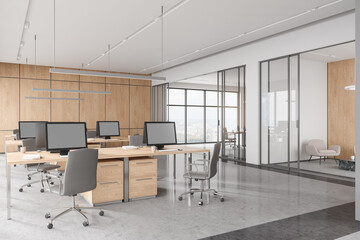 Cozy business interior with coworking space and relax zone, panoramic window