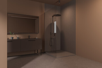 Brown bathroom interior with shower stall and sink