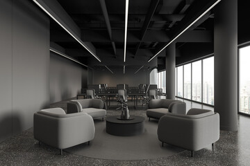Modern office interior with workplace and lounge zone near panoramic window
