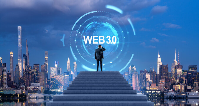 Confused man on stairs looking at web 3.0 hologram in night city