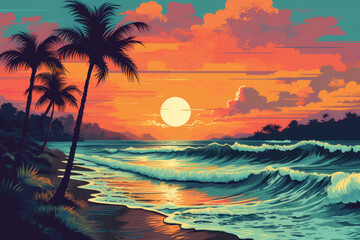Fototapeta na wymiar Drawing retro tropical beach summer background. Graphic illustration design. Generative ai.