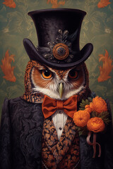 Owl in gothic victorian costume and top hat. Generative AI