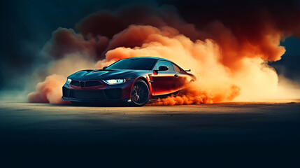 generic sports car performing burnout or drifting on the racing track with smoke and heat as a wide banner with copy space area.
