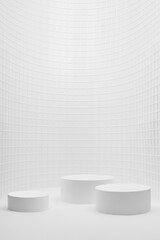 Modern white abstract stage mockup as curved alcove - three cylinder podiums, mosaic tile, exquisite beauty style, template for presentation cosmetic products, goods, advertising, display, vertical.