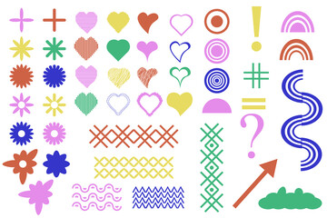 Set of Trendy abstract shapes. Flower, heart, circle, arrow, grid, punctuation mark. Retro Groovy Style. Modern 90s, 2000s style. Elements for posters design, stickers. Y2k aesthetic. Vector Art. 