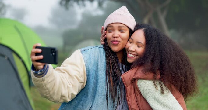 Friends, camping and selfie, adventure and happiness with memory, nature and women in forest. Happy female people outdoor, social media post and smile in picture, travel and camper in the woods