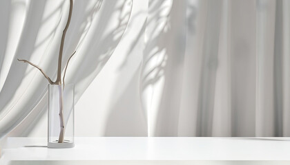Free Photo Empty white counter table, soft, smooth blowing sheer fabric curtain drapery, tree branch.