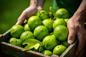 Hands holding a crate with harvested limes