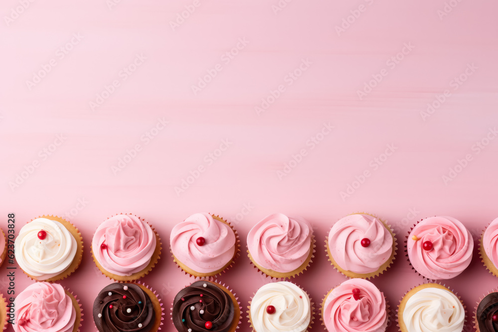 Poster minimalist delicious cupcakes; background with empty space for text