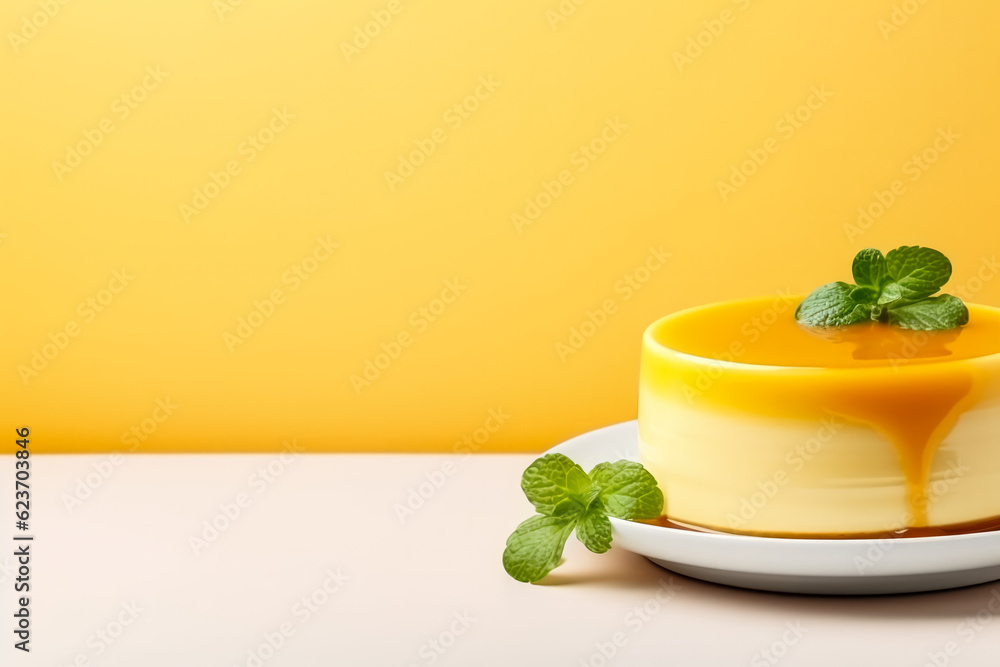 Poster minimalist delicious flan; background with empty space for text