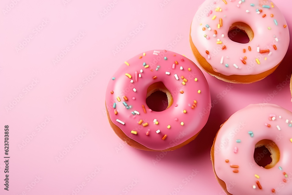 Poster minimalist delicious donuts; background with empty space for text