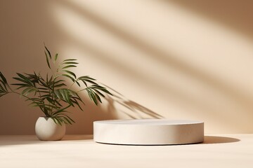 product display podiums with shadow of a plant in 3d illustration.created generative ai.