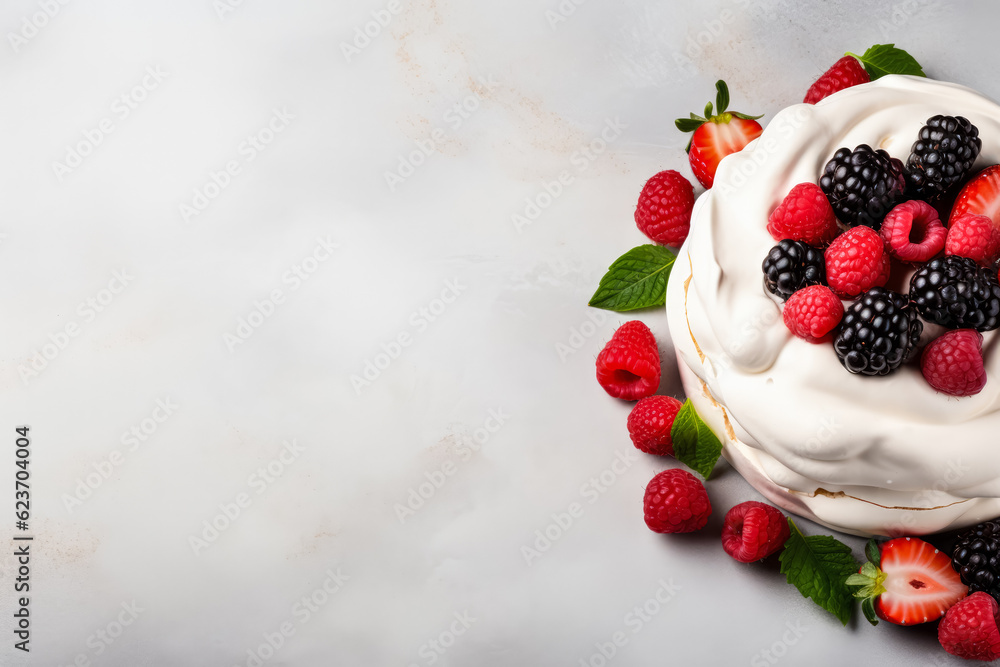 Poster minimalist delicious pavlova; background with empty space for text