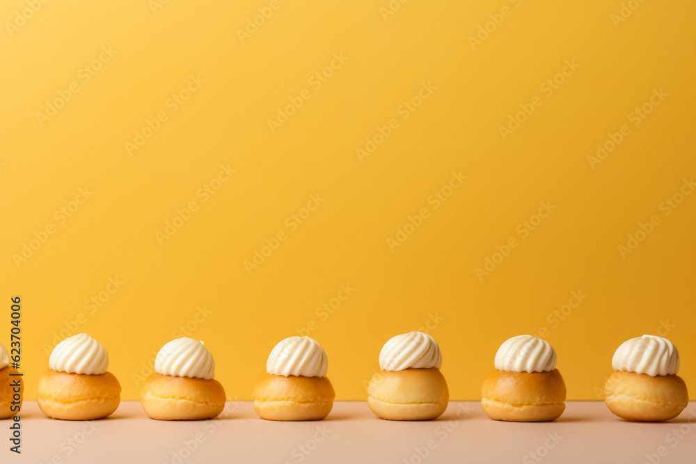 Poster minimalist delicious profiteroles; background with empty space for text.