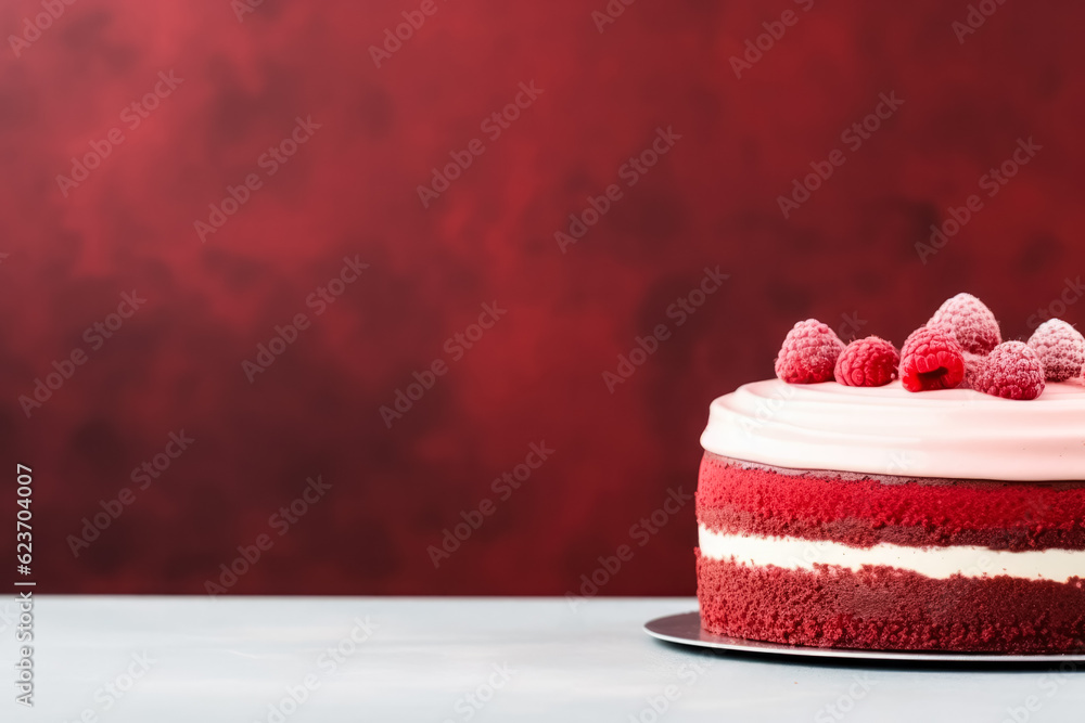 Poster minimalist delicious red velvet cake; background with empty space for text.