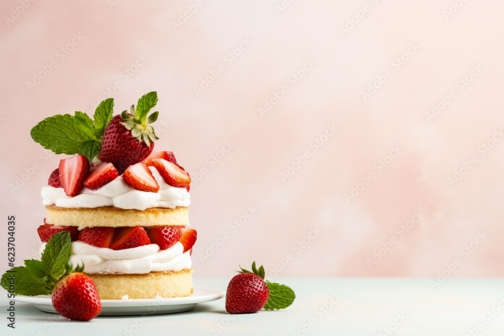 Aufkleber minimalist delicious strawberry shortcake; background with empty space for text.