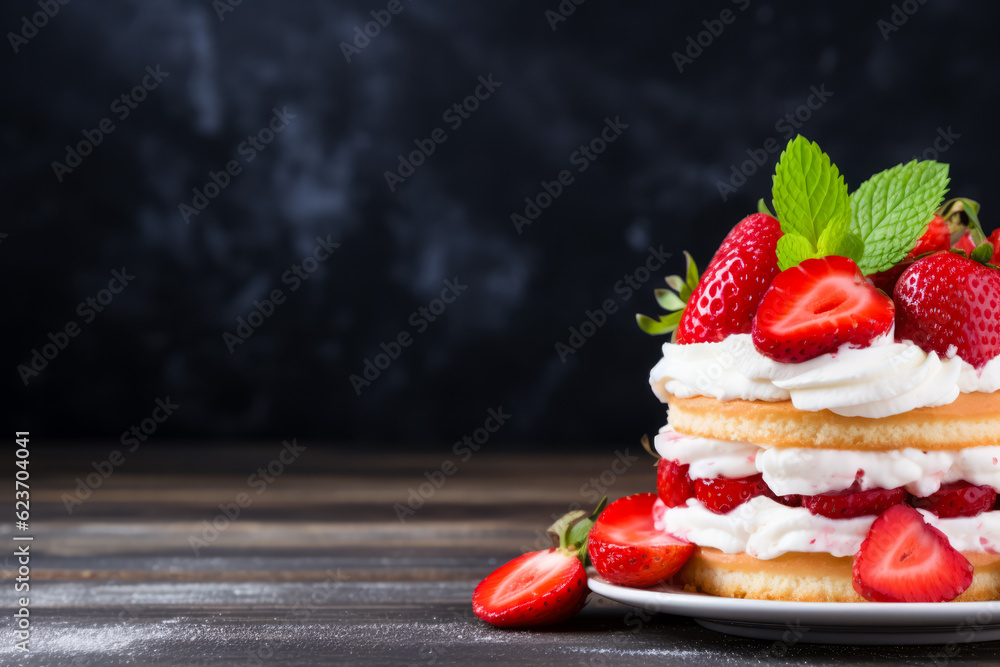 Poster minimalist delicious strawberry shortcake; background with empty space for text.
