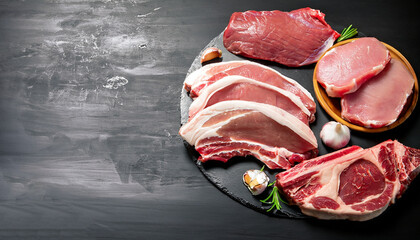 Different types of raw pork meat and beef. On the black chalkboard.