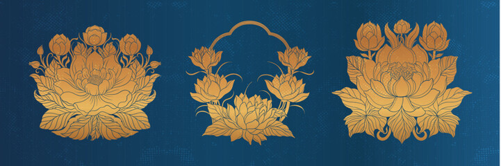 Floral lotus flower in art nouveau 1920-1930. Hand drawn lotus in a linear style with weaves of lines, leaves and lotus flowers.