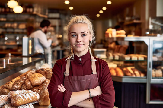 Smiling saleswomen at the bakery. AI generative.