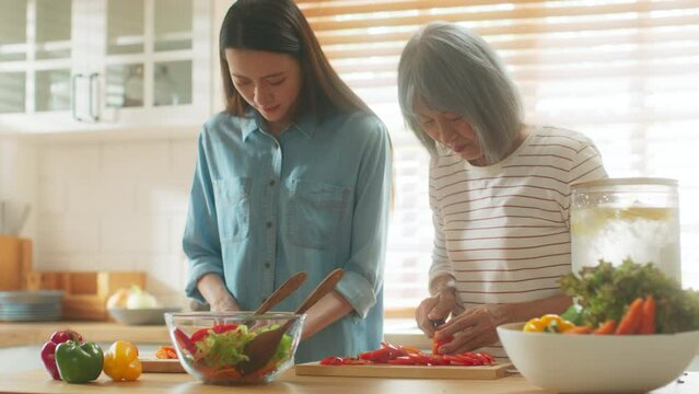 Happy attractive Asian elderly woman mom and daughter enjoy cooking together slicing tomato on wooden cutting board preparing vegetable ingredient of healthy vegetarian food for family in kitchen