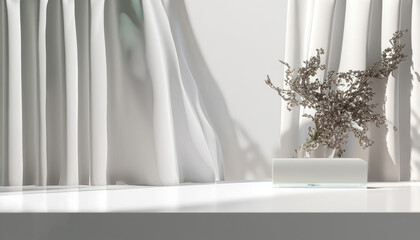 Free Photo Empty white counter table, soft, smooth blowing sheer fabric curtain drapery, tree branch.