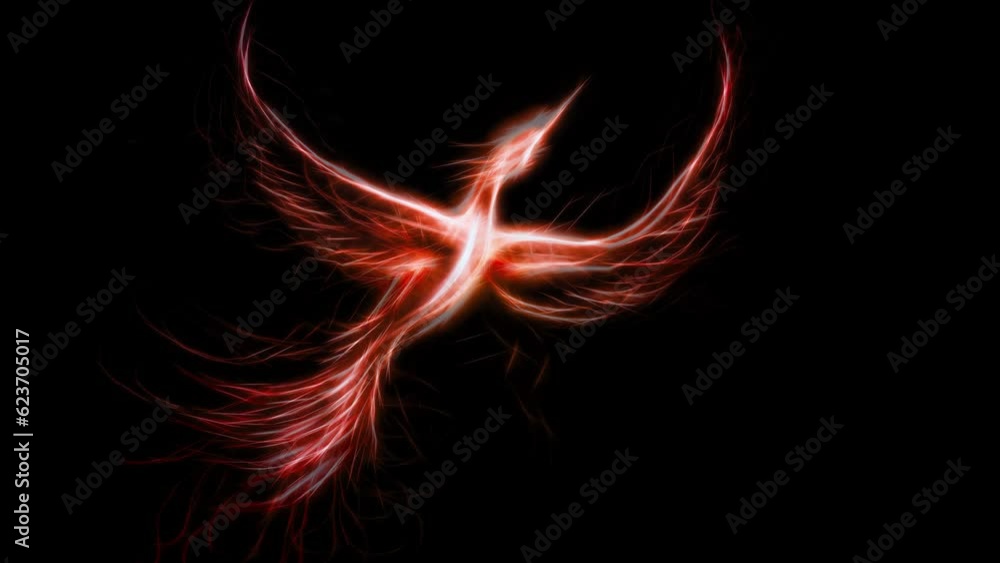 Poster Flying phoenix bird as symbol of rebirth and new beginning. Loop Animation.