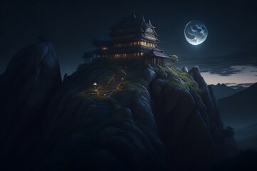 landscape with ancient palace on a mountain in night with full moon