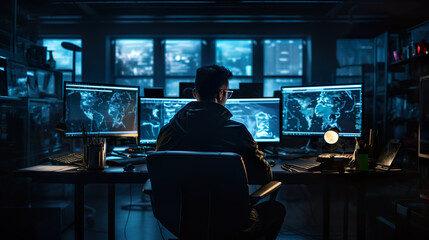 Fototapeta na wymiar Unrecognizable man sitting against computer monitors in dark room of hacker base.