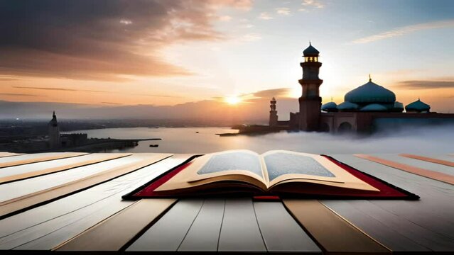 Quran with a sky background and a beautiful view of the area complete with mosques, cultural and religious atmosphere in the Middle East. Great to use for website, business, advertisement, etc