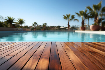 Fototapeta premium Empty wooden deck with swimming pool , Beautiful minimalist pool side view with blue sky. Generative Ai.