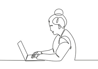 Continuous One Line Drawing of Businesswoman with Laptop. Woman One Line Illustration. Female Line Abstract Portrait. Minimalist Contour Drawing. Vector EPS 10