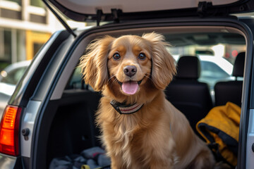 Cute dog sitting in car trunk with luggage for trip